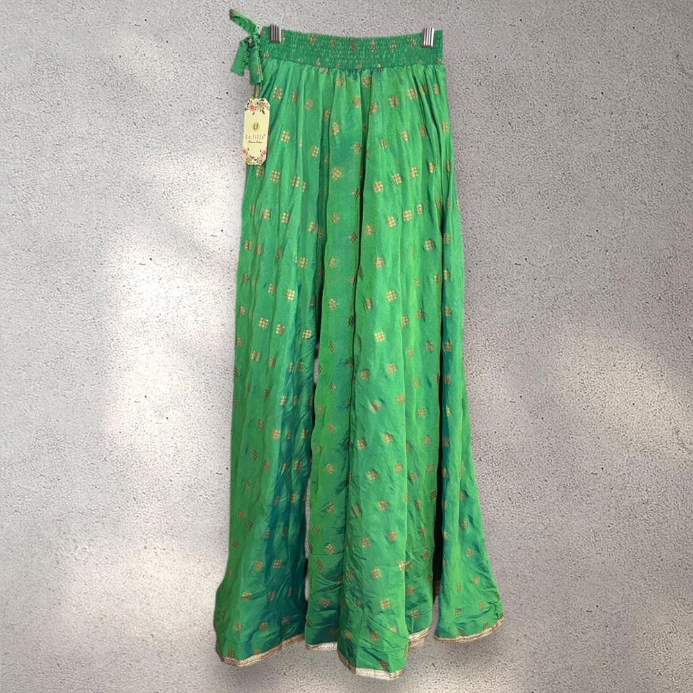 LF LA FILLE Green Maxi A-Line Skirt with Pleated Made in India Indian Holi Large